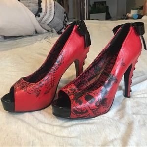 Iron Fist Red & Black Skull Heels Corset Detail